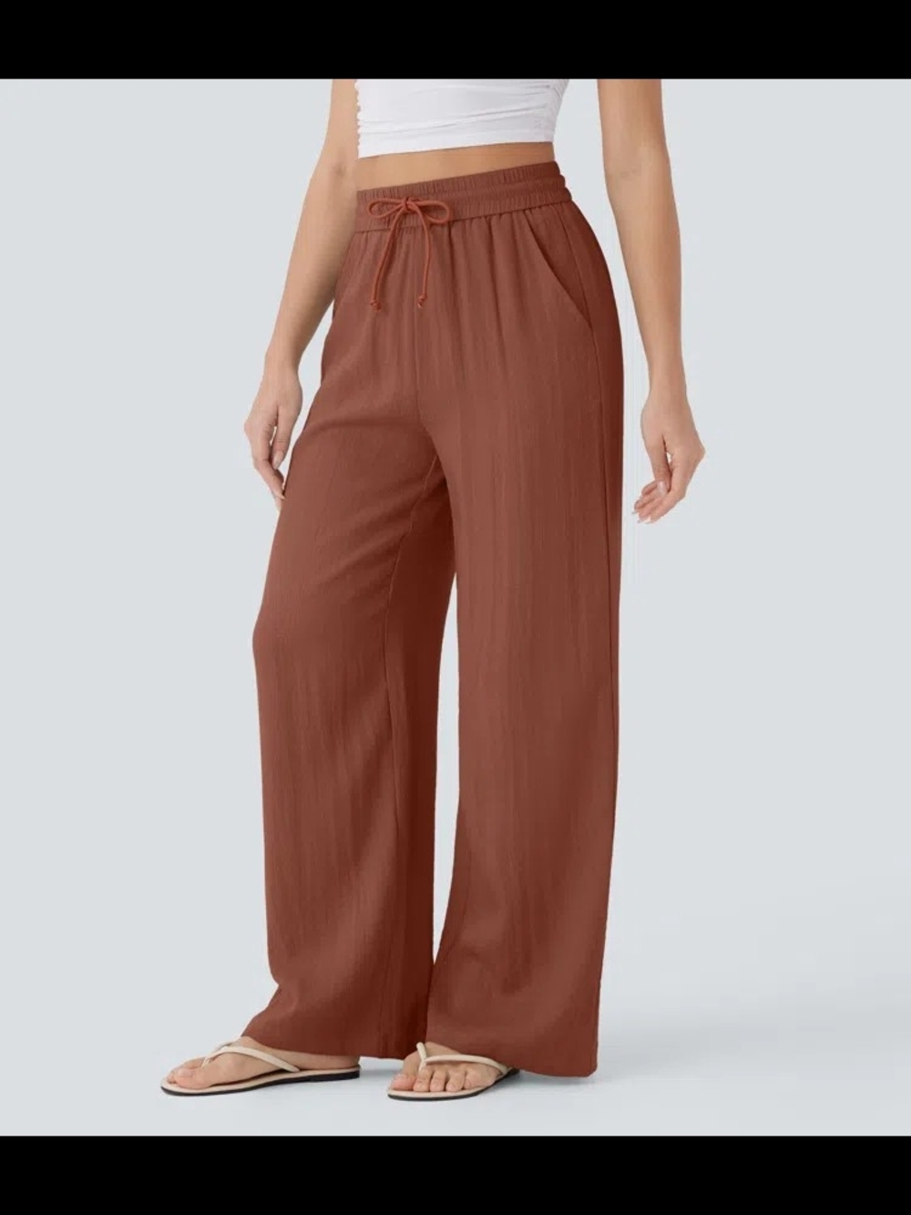 Halara High Waisted Drawstring Pocket Wide Leg Baggy Casual Linen-Feel Pants